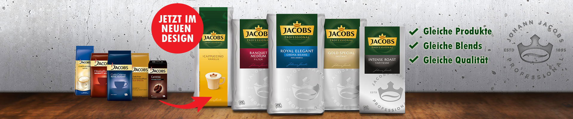 Banner des Jacobs Professional Relaunch. Mehrere Produkte im neuen Design.