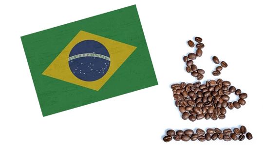 Abbildung von Kaffeebohnen in Form einer Kaffeetasse mit einer Brasilien Flagge.