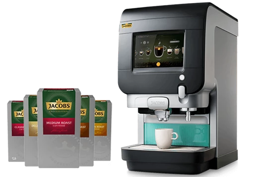 Die Jacobs Professional Cafitesse Kaffeemaschine steht neben Liquid Roast Produkten.