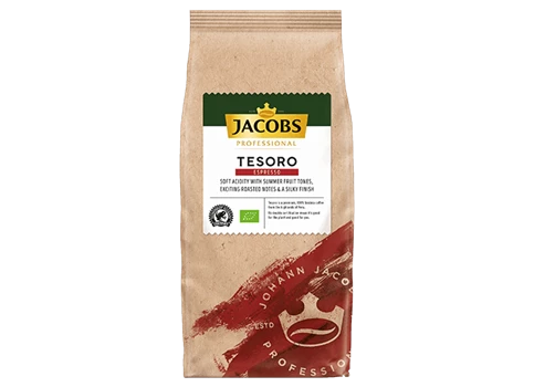 Abbildung des Jacobs Tesoro Espresso Bohnenkaffees in der Frontansicht.