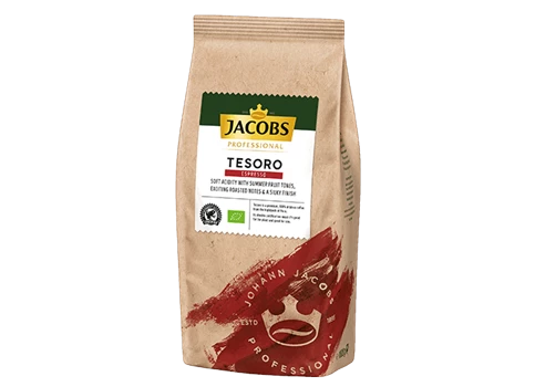 Abbildung des Jacobs Tesoro Espresso Bohnenkaffees in der Linksansicht.