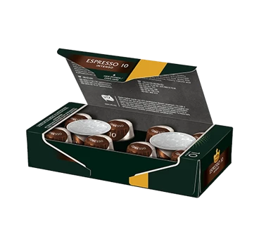 Abbildung von Jacobs Professional Espresso 10 Intenso Kaffeekaspeln im offenem Karton.