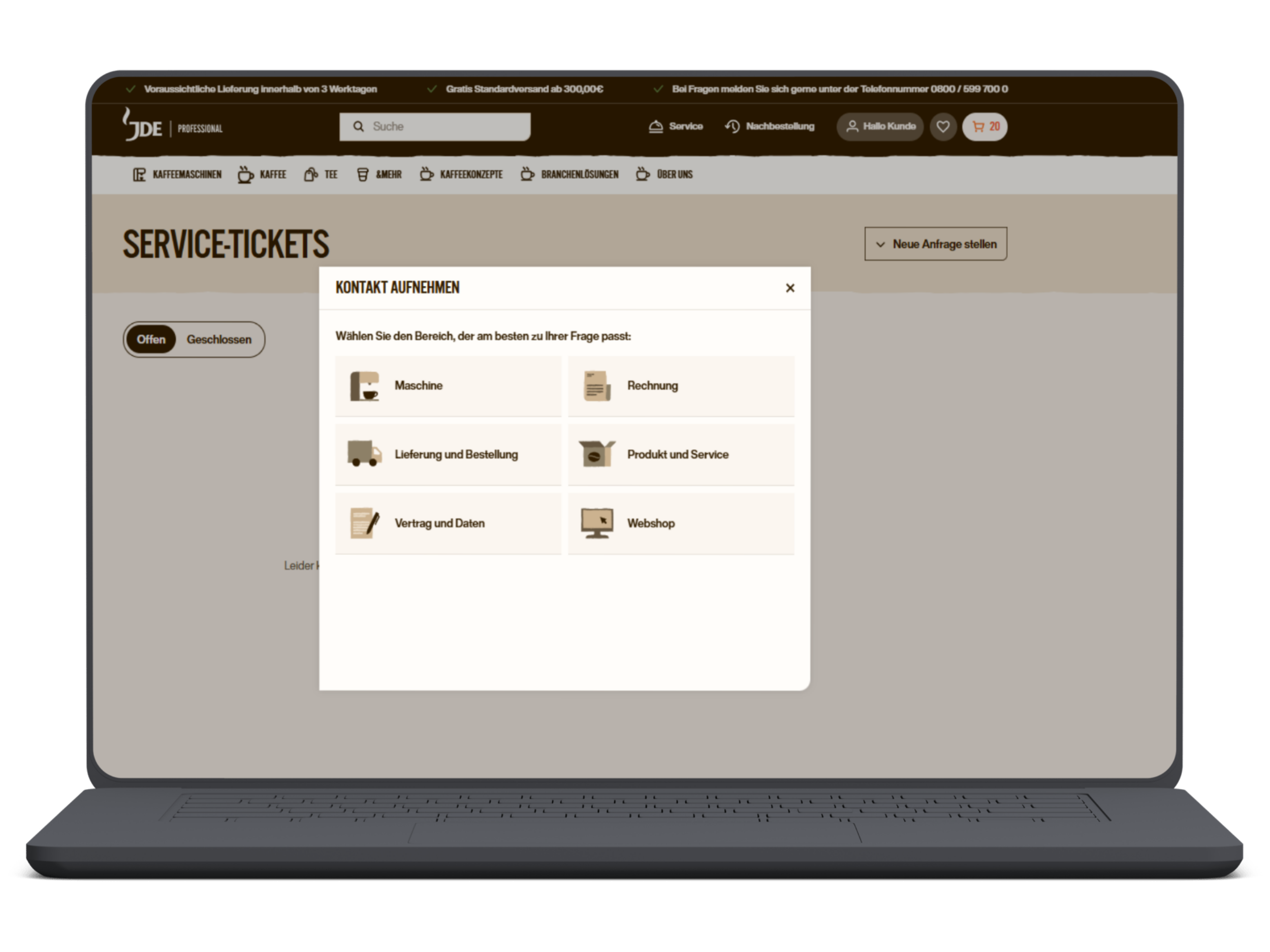 Screenshot vom Reiter Service-Tickets und den Auswahlfeldern