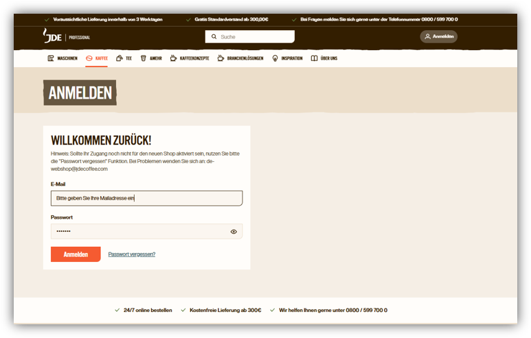 Screenshot vom Login für den Jacobs Professional Webshop