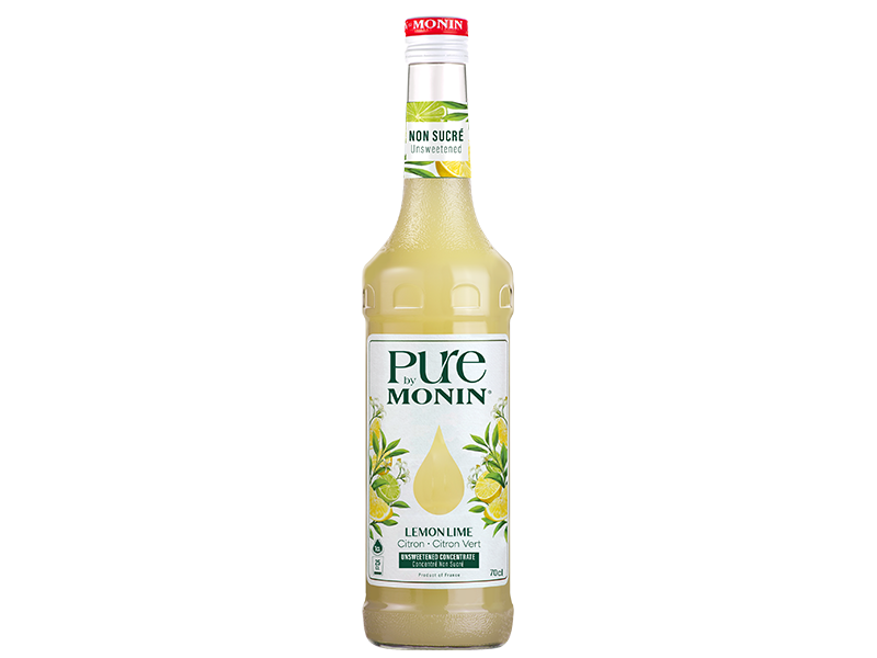 Monin Zitrone-Limette - Detailansicht Sirupflasche mit Glas