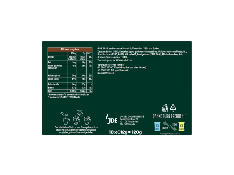 Jacobs 3 in 1 Kaffeesticks, Artikel: 4090579  Verpackung Rückseite