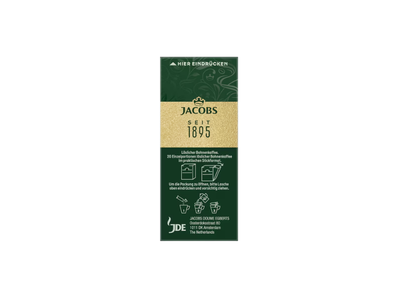 Jacobs Kaffesticks Typ Espresso, Artikel: 4008377- Seitenansicht der Verpackung mit Zubereitungsanleitung
