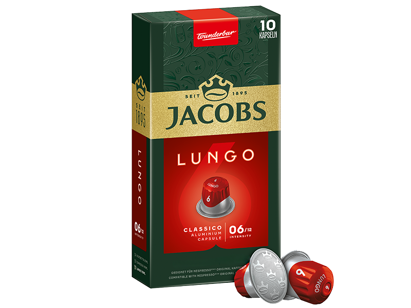 Jacobs Lungo Kaffeekapseln, Artikel: 4057022 - Detailansicht Einzelveroackung mit Kapsel