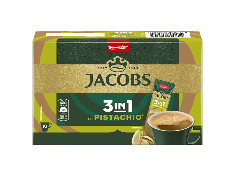 Jacobs 3 in 1 Kaffeesticks Pistachio Vorderseite der Verpackung