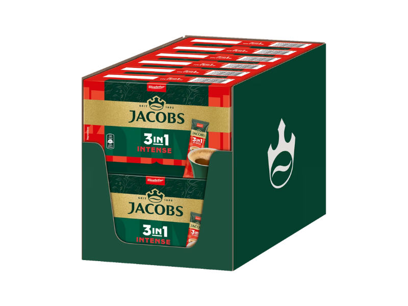 Jacobs 3 in 1 Kaffeesticks Intense - Detailansicht der Großpackung mit 12 Verpackungen