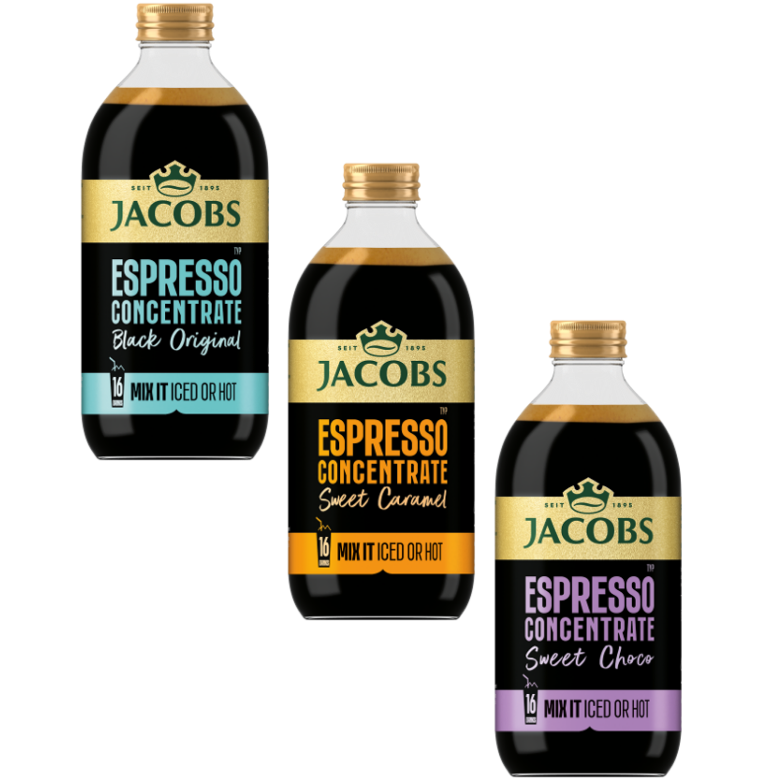 3 Flaschen des Jacobs Espresso Concentrate: Black Original, Sweet Caramel, Sweet choco